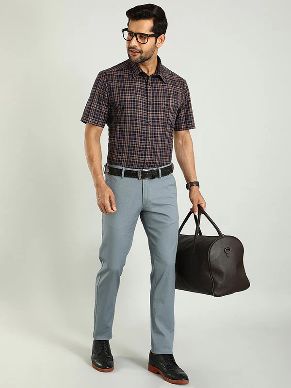 Indian Terrain Men's Slim Fit Self Design Blue Trousers